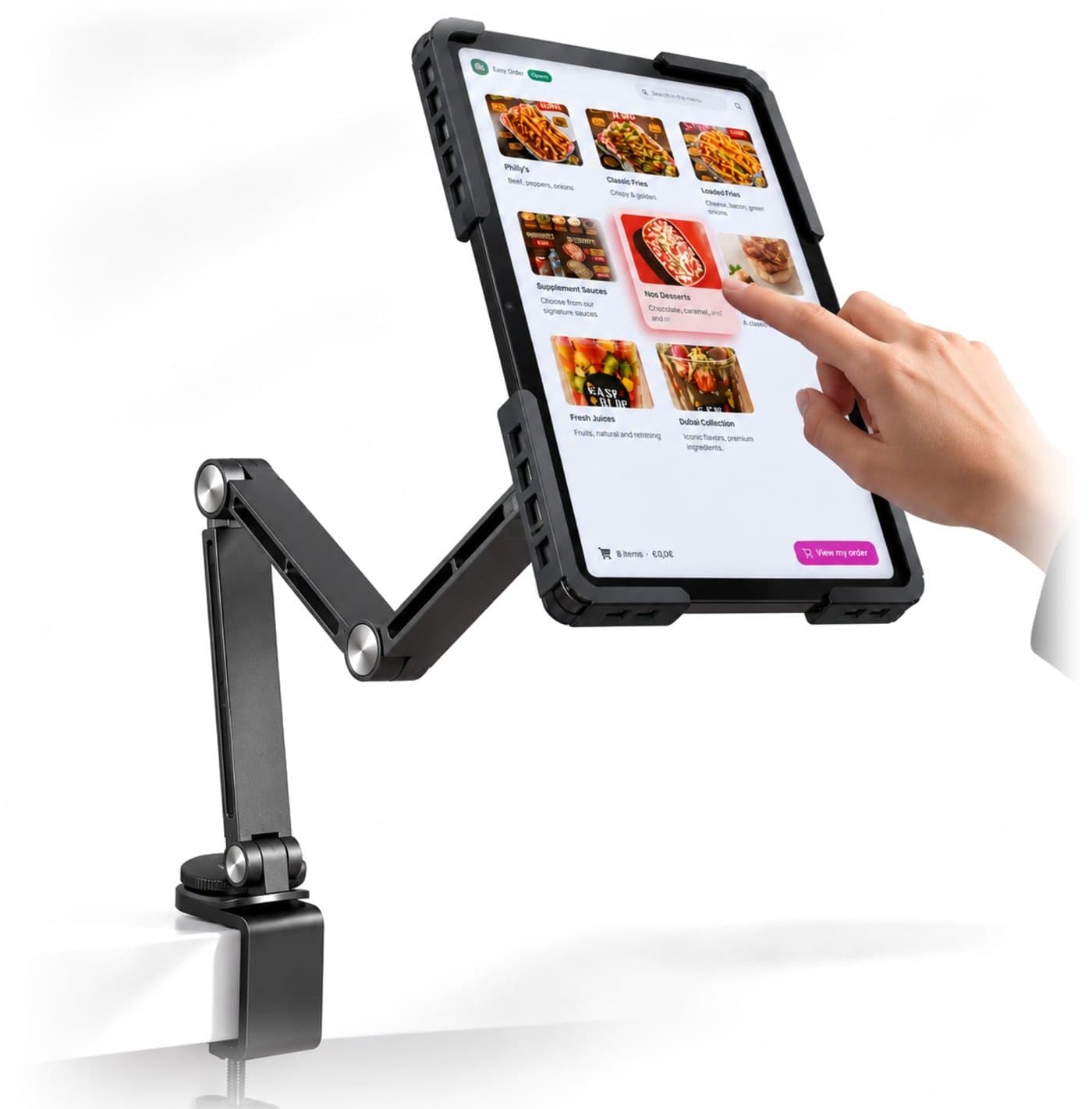 Tablette de commande Piki sur bras articulé, avec un client qui choisit son plat du doigt